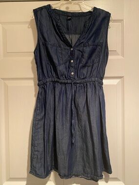 Sleeveless Navy Chambray Denim Drawstring Mini Dress - 8 Petite